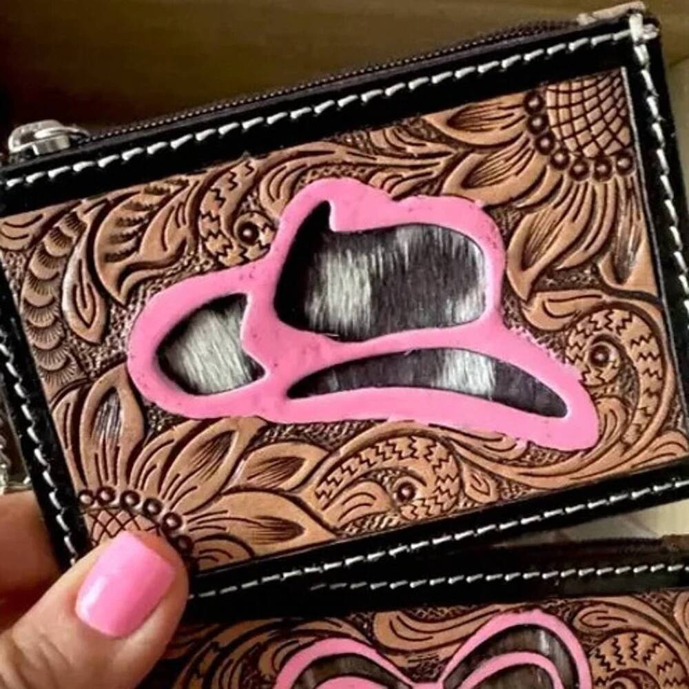 NEW BOHO RANCH women's cowboy hat western cowhide tooled leather keychain wallet